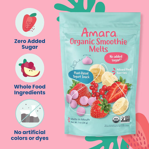 Amara Smoothie Melts - Mixed Red Berries - Baby Snacks Made With Fruits and Vegetables - Healthy Toddler Snacks For Your Kids Lunch Box - Organic Plant Based Yogurt Melts - 6 Resealable Bags