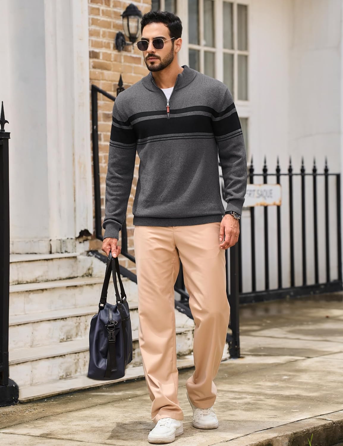 TACVASEN Men's Quarter Zip Sweaters Cotton Pullover Sweater Striped Casual Fall Winter Warm Pullover Sweatshirts