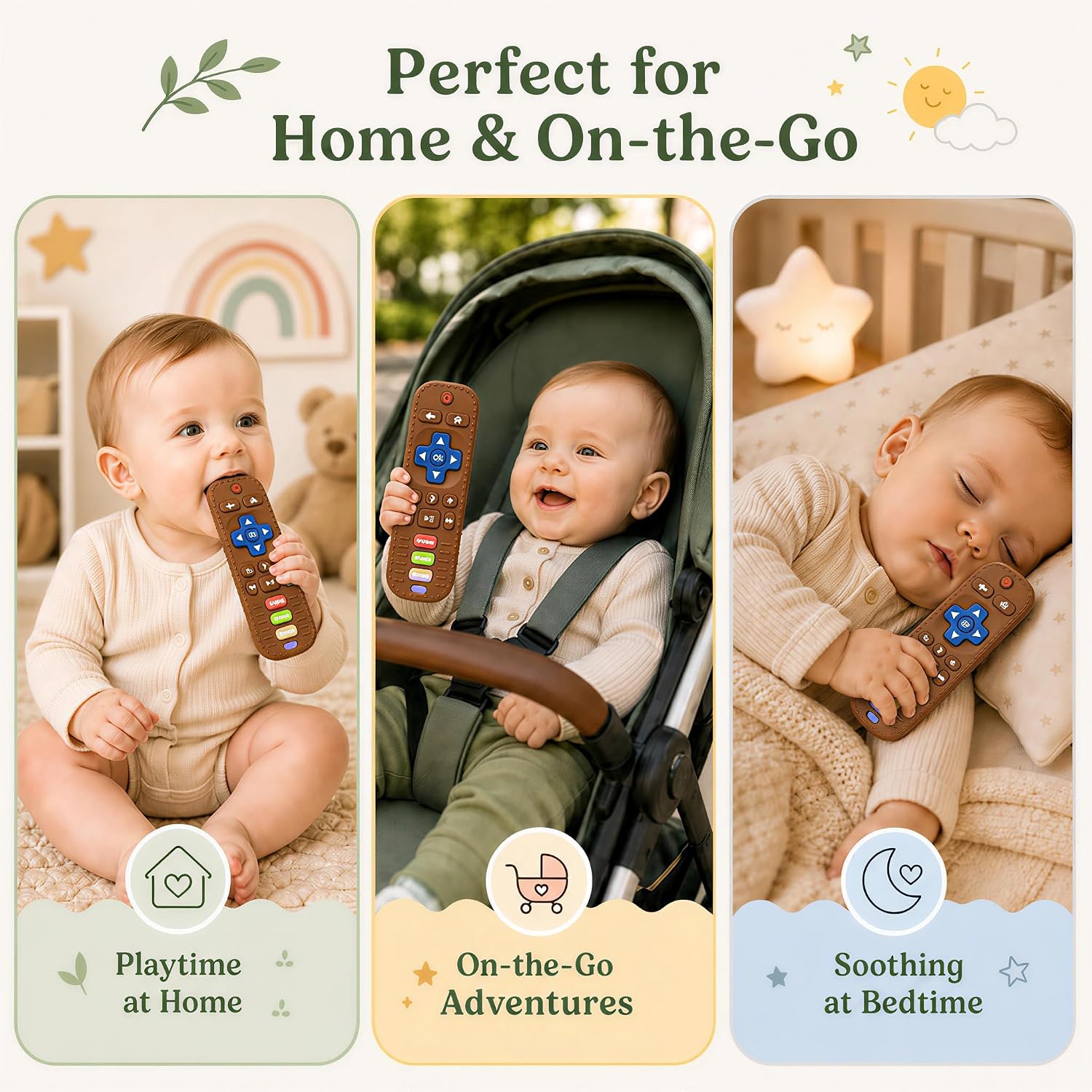 Baby Teething Toys, Remote Control Sensory Teether, Silicone Chew Toy for Teething Relief, BPA-Free Baby Remote Gift for Infants 3-6, 6-12 Months (Brown)