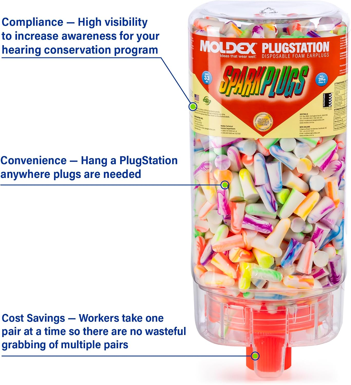Moldex SPARKPLUGS PLUGSTATION EARPLUG DISPENSER, CORDLESS, 33NRR, ASST, 500 PAIRS