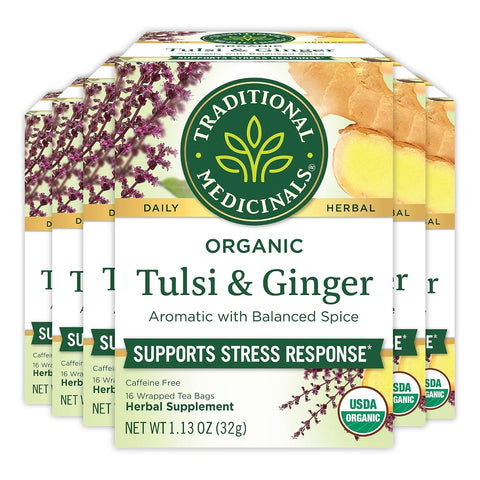 Traditional Medicinals Tea, Organic Tulsi & Ginger, Relieves Stress, Tension, & Irritability, 96 Tea Bags (6 Pack)