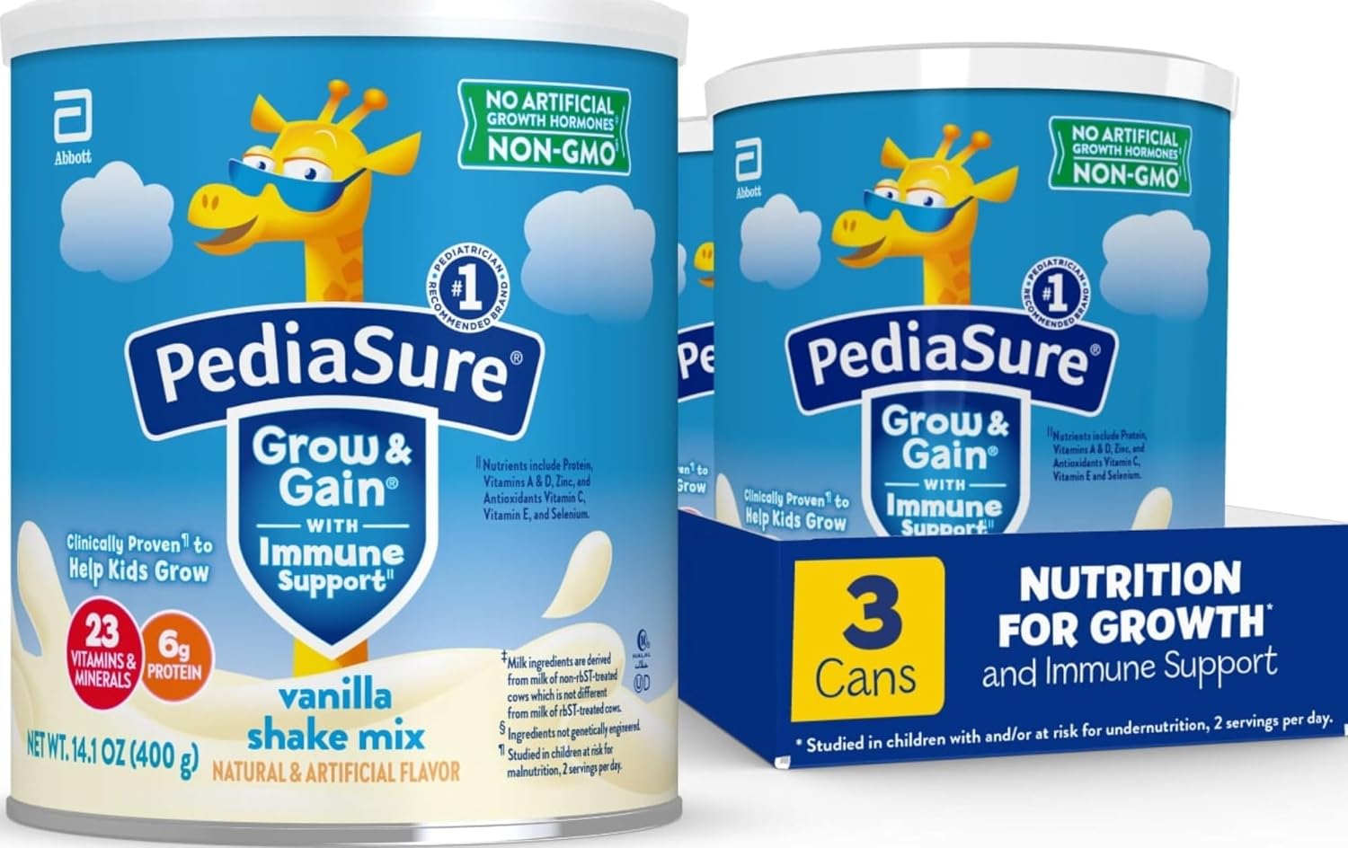 PediaSure Grow & Gain Shake Mix, 6g Protein, Vanilla, 14.1 oz Can, 3pk