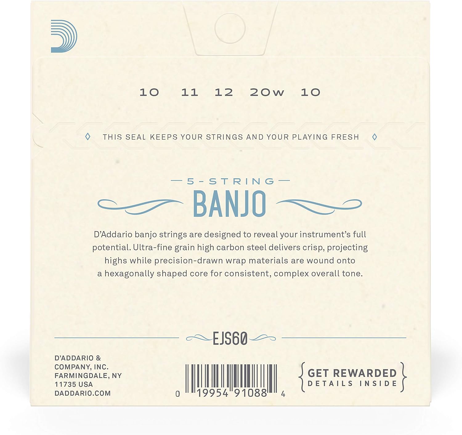 D'Addario Banjo Strings, Stainless Steel, EJS60, Light Gauge 10-20, 5-String Set, Pack of 1