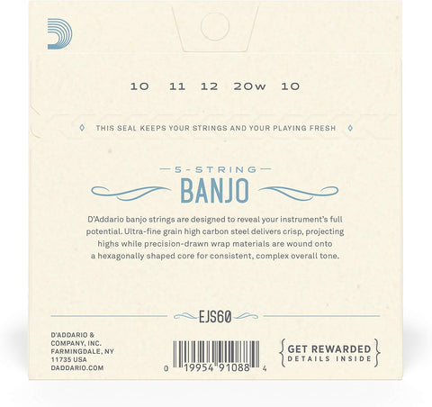 D'Addario Banjo Strings, Stainless Steel, EJS60, Light Gauge 10-20, 5-String Set, Pack of 1