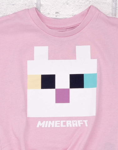 Minecraft T Shirt for Girls | Kids Kitty Front Character Tie Pink Gamer Tee | Childrens Clothing Gaming Merchandise Gifts