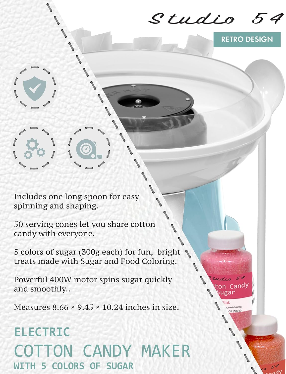 Retro Cotton Candy Machine with 5 Jars (11oz Each) Floss Sugar, 50 Paper Cones, Easy Cleanup Cotton Candy Maker, Durable Retro Design, Makes 20–30 Servings per Jar, BPA & Lead Free