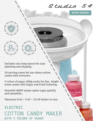 Retro Cotton Candy Machine with 5 Jars (11oz Each) Floss Sugar, 50 Paper Cones, Easy Cleanup Cotton Candy Maker, Durable Retro Design, Makes 20–30 Servings per Jar, BPA & Lead Free