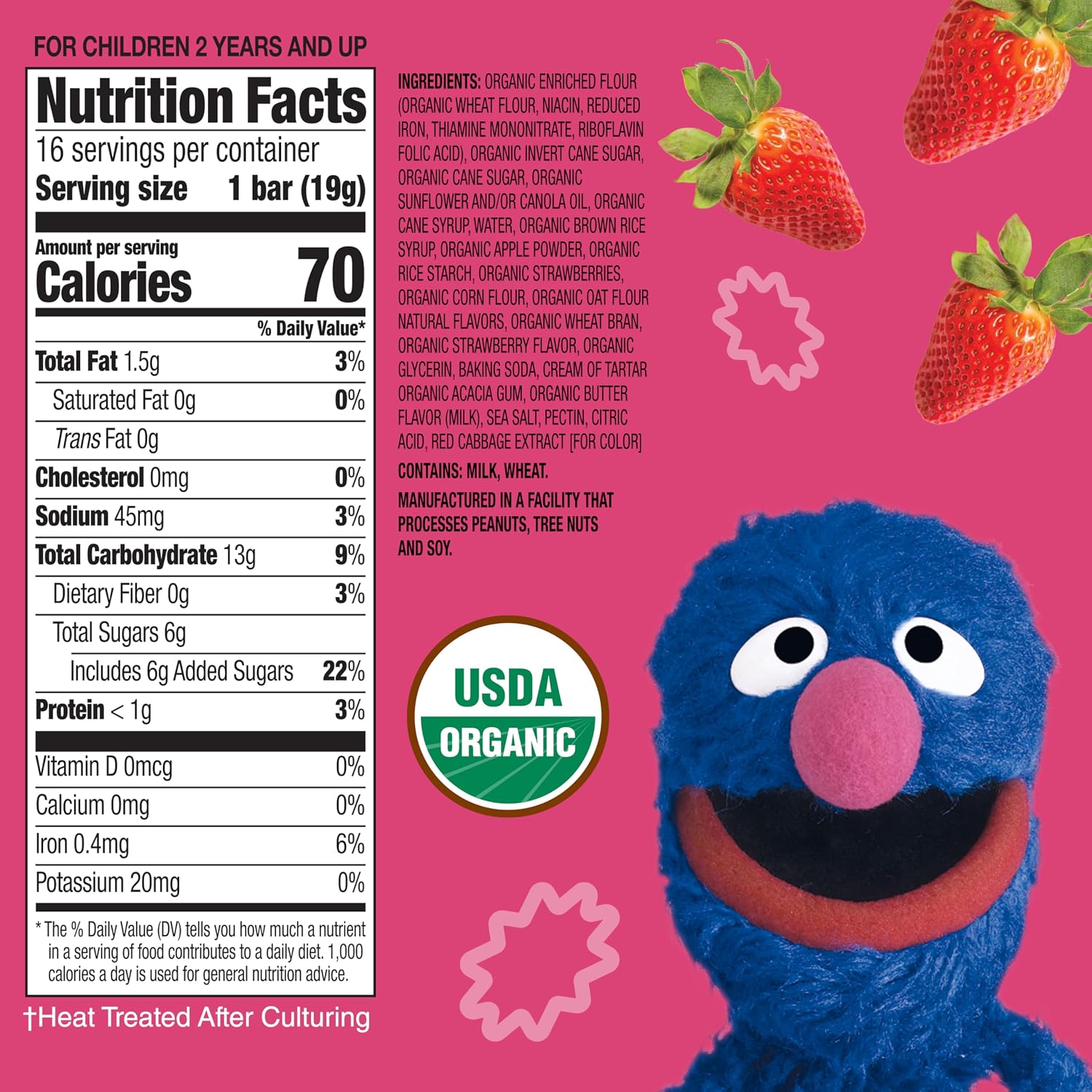 Earth's Best Organic Kids Snacks, Sesame Street Toddler Snacks, Organic Sunny Days Snack Bars for Toddlers 2 Years and Older, Strawberry with Other Natural Flavors, 16 Bars Per Box