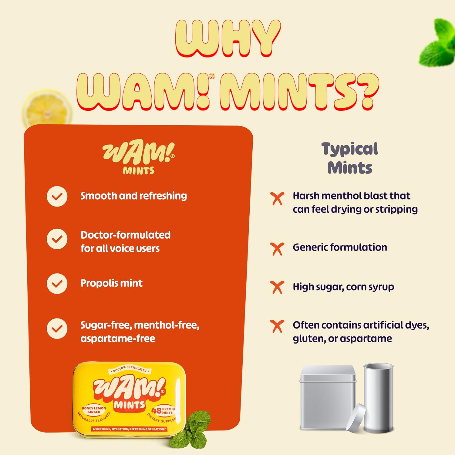 WAM! Honey Lemon Ginger Mints, Sugar Free Breath Mints, 5 Tins