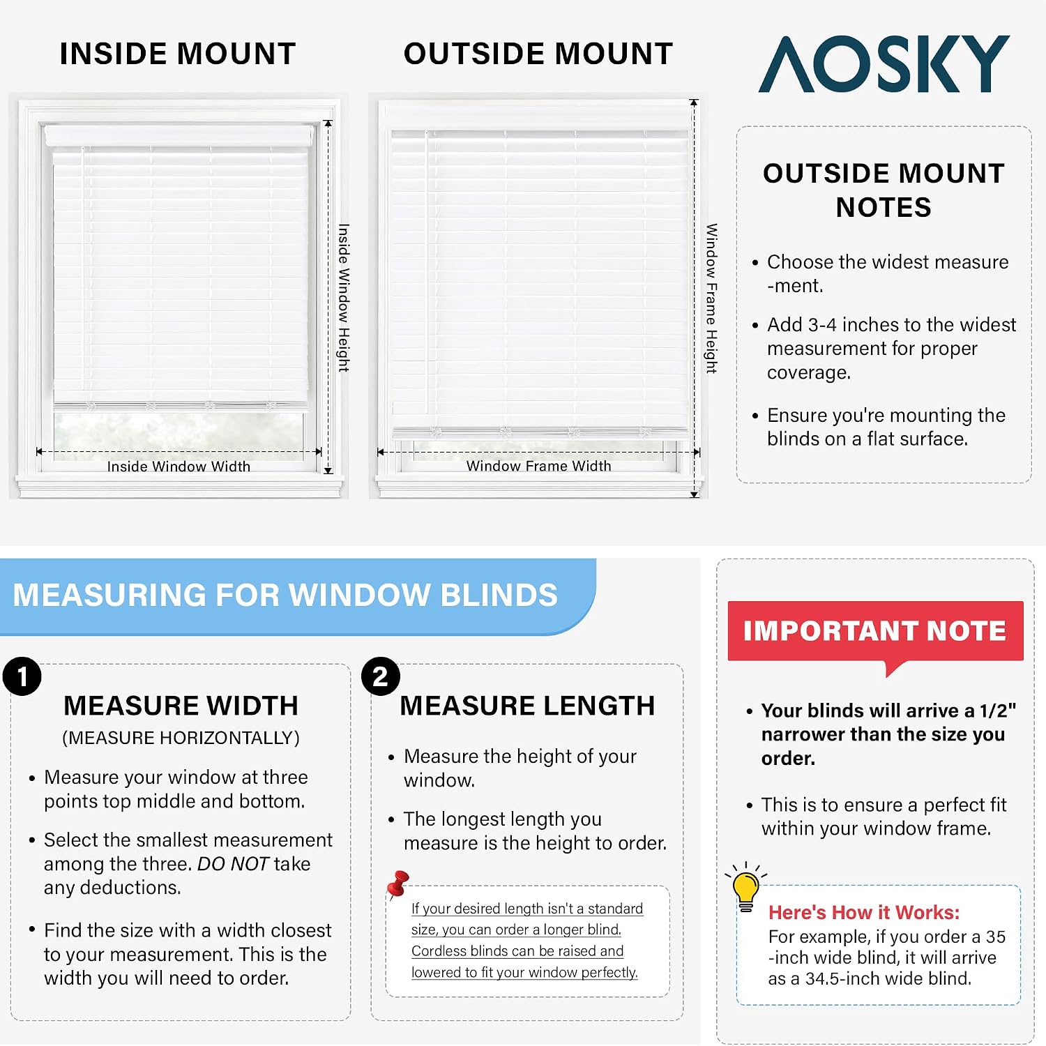 AOSKY 2 Inch Cordless Faux Wood Blinds, Indoor Window Shades, 11" W x 60" H