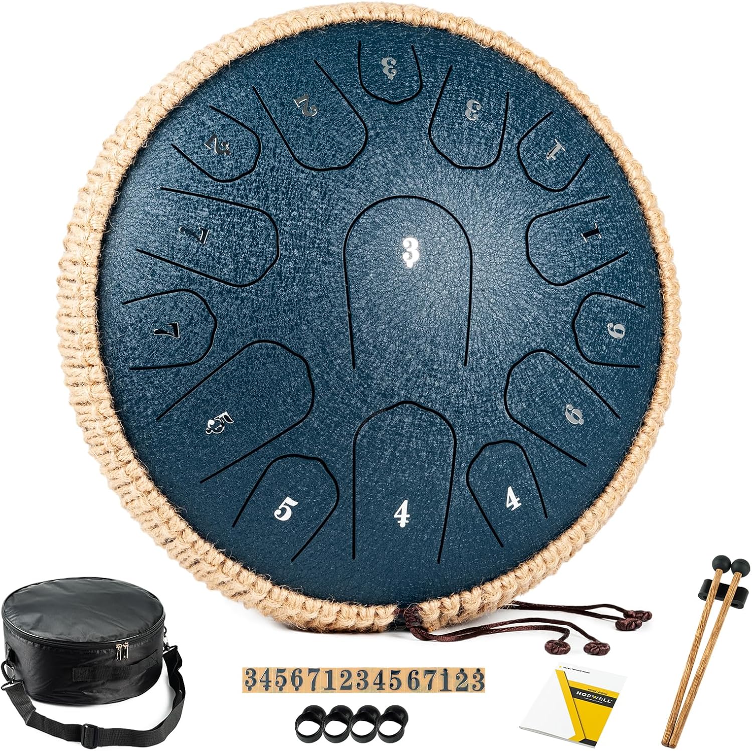 HOPWELL Steel Tongue Drum - 13 Inches 15 Notes Tongue Drum - Hand Pan Drum with Music Book, Handpan Drums Mallets and Carry Bag, D Major (Navy Blue)