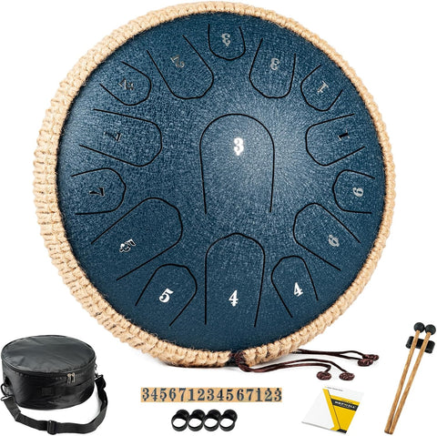 HOPWELL Steel Tongue Drum - 13 Inches 15 Notes Tongue Drum - Hand Pan Drum with Music Book, Handpan Drums Mallets and Carry Bag, D Major (Navy Blue)