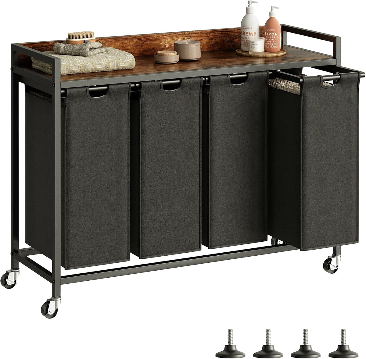 Herture Laundry Hamper with Shelf, Laundry Basket 4 Section, Laundry Sorter with Pull-Out Removable Large Bags and Movable Wheels, Metal Frame, 4 x 15.87 Gallons (60L), Rustic Brown + Black PF07XLY