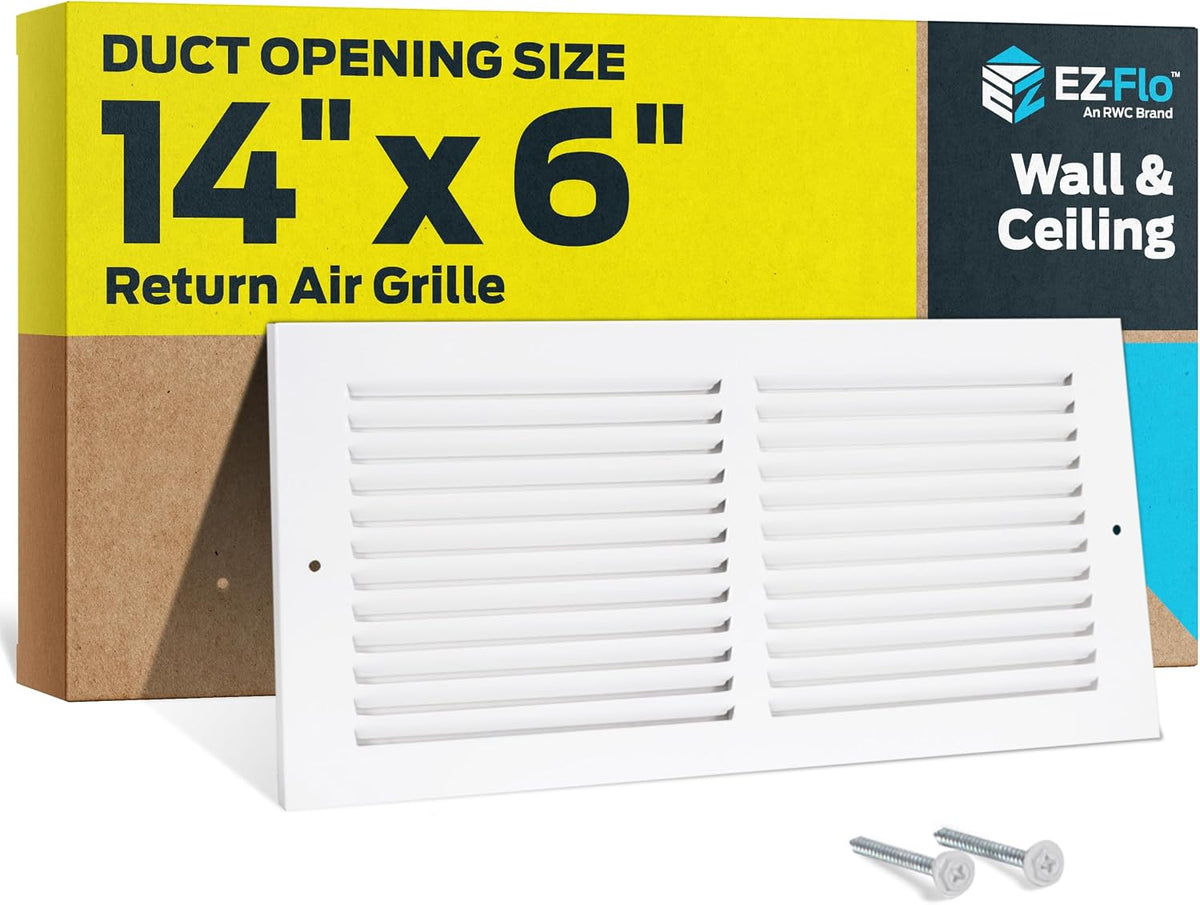 EZ-FLO 14 x 6 Inch (Duct Opening) Return Air Vent Cover for Wall or Ceiling, Solid Steel Return Air Grille, HVAC Vent Cover, White, 61628
