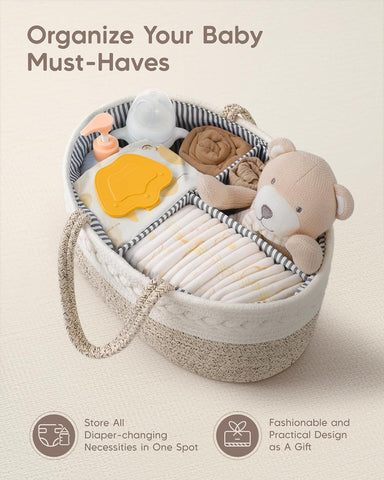 Maliton Baby Diaper Caddy Organizer, X-Large Cotton Rope, Rustic Style, Portable, 3 Compartments, A-Brown