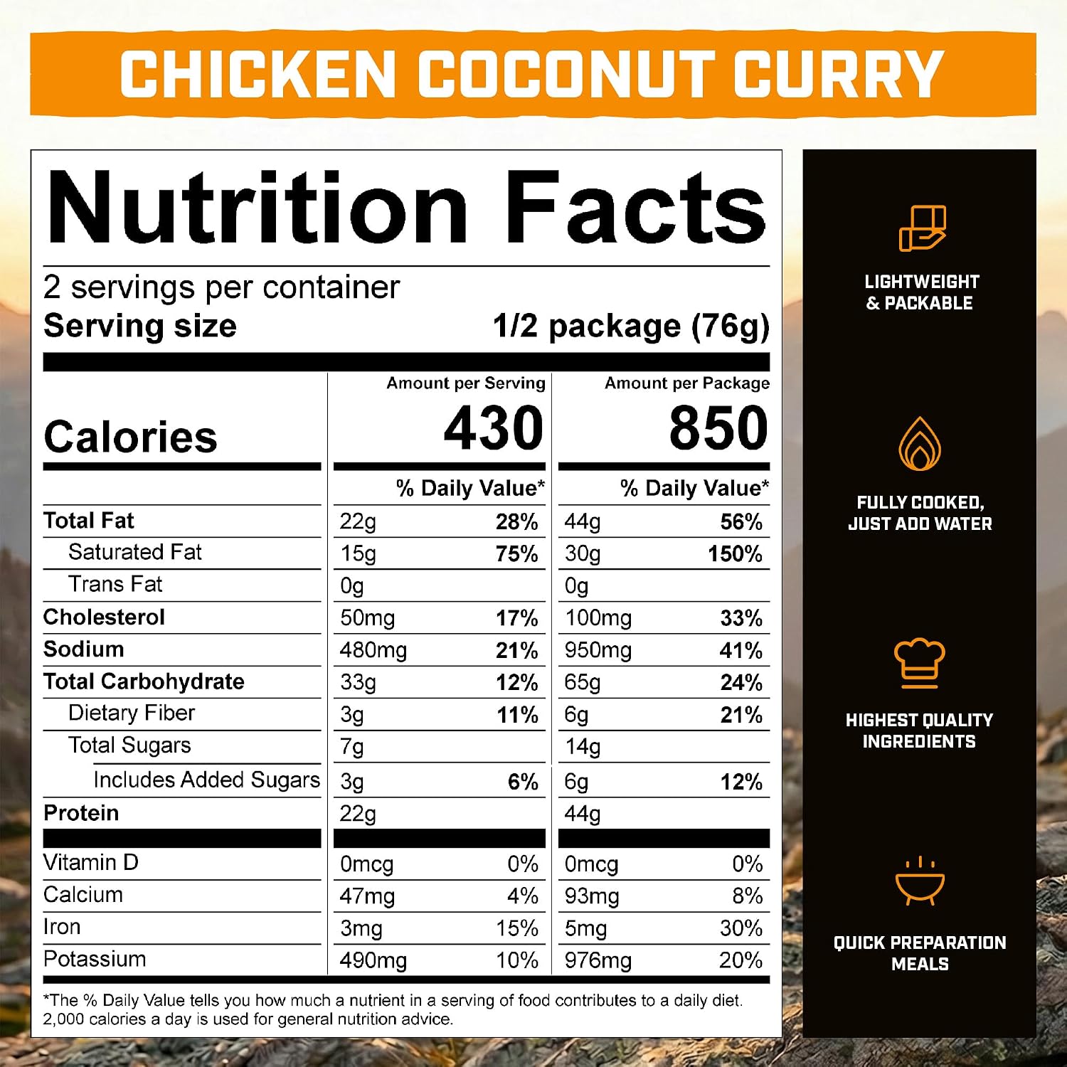 Peak Refuel Chicken Coconut Curry Freeze-Dried Camping Meal with Real Meat