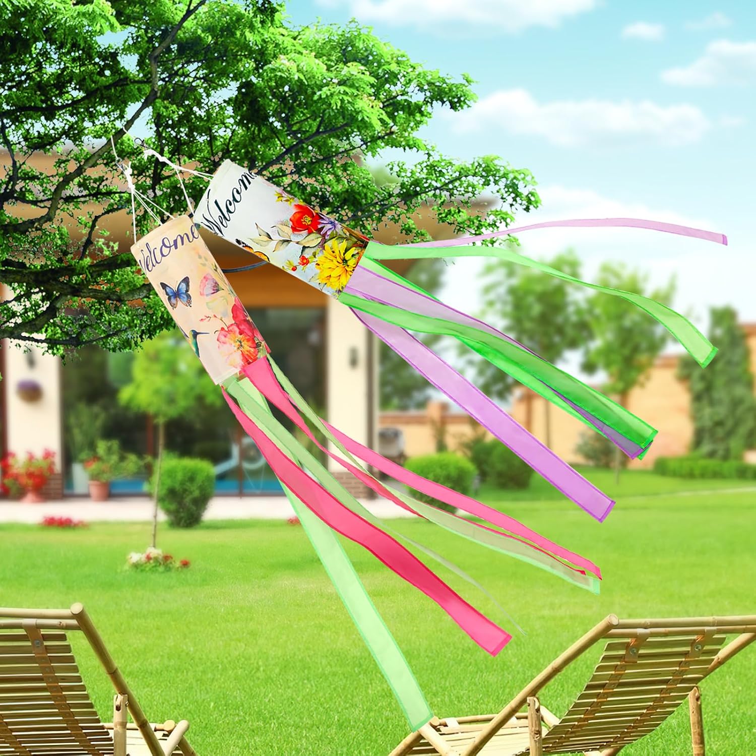 NOVWANG Spring Windsock, 2 Pcs 40 Inches Wind Socks for Outside, Hummingbird Butterfly Windsock Outdoor Decor Windsock Flag Hanging Decor for Wall Tree Patio Lawn Gard