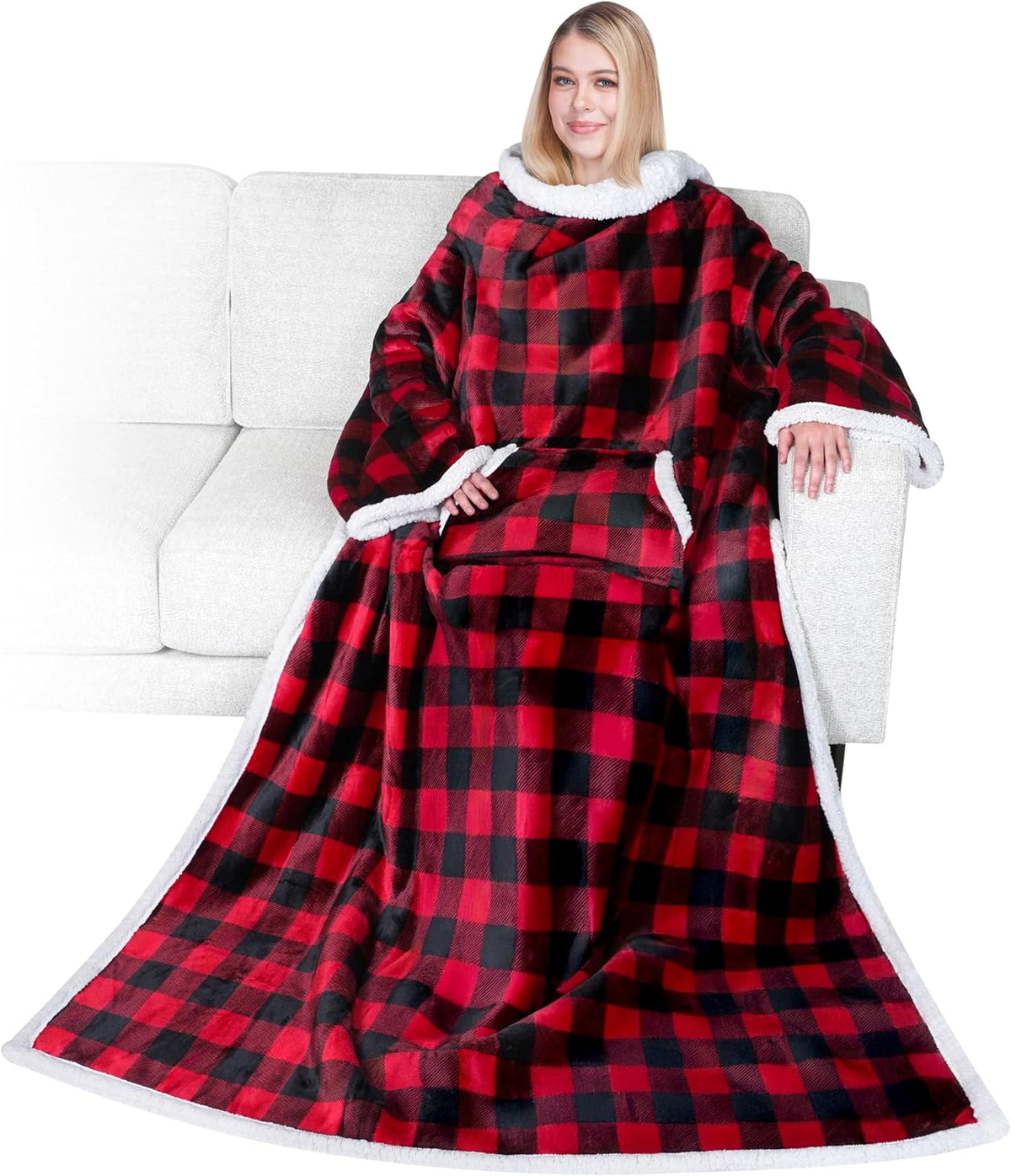 PAVILIA Sherpa Wearable Blanket with Sleeves and Pocket, Plush Thick Cozy Body Blanket Wrap for Adult Women Men, Christmas Gift for Wife Mom, Buffalo Red Black