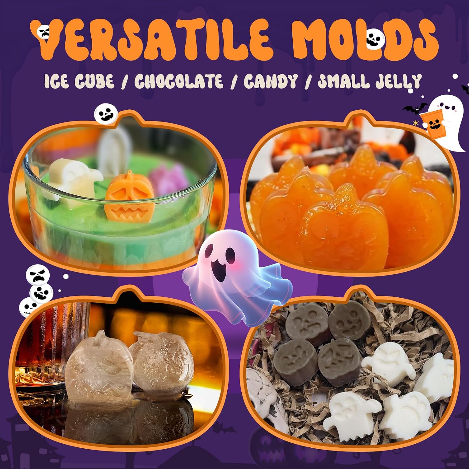 Pumpkin & Ghost Candy Silicone Molds for Halloween Small Chocolate, Wax Melts, Cake Decoration 15 Cavity Food Grade Bpa Free for Kids, Oven Safe DIY Homemade Mould Treat or Trick -4 PCS
