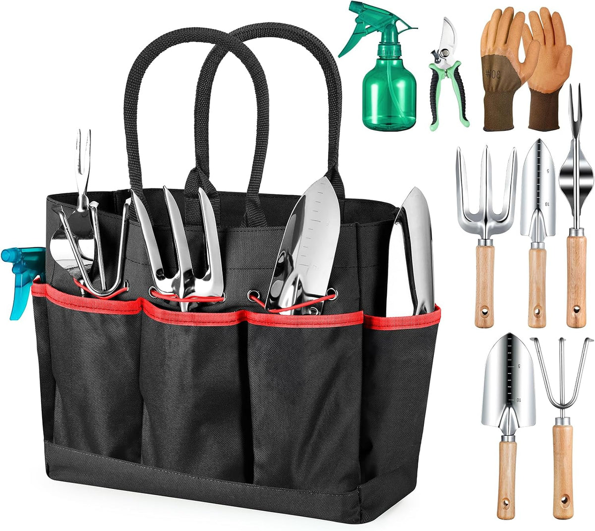 Grenebo 9-Piece Gardening Tools Set with Fashion Handbag, Black Red