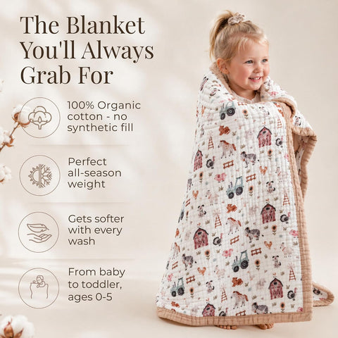 Organic Cotton Muslin Baby Blanket for Boys and Girls - Luxurious Soft Toddler Quilt for Swaddling - Gender Neutral Blanket - Baby and Toddler Gift - Farm