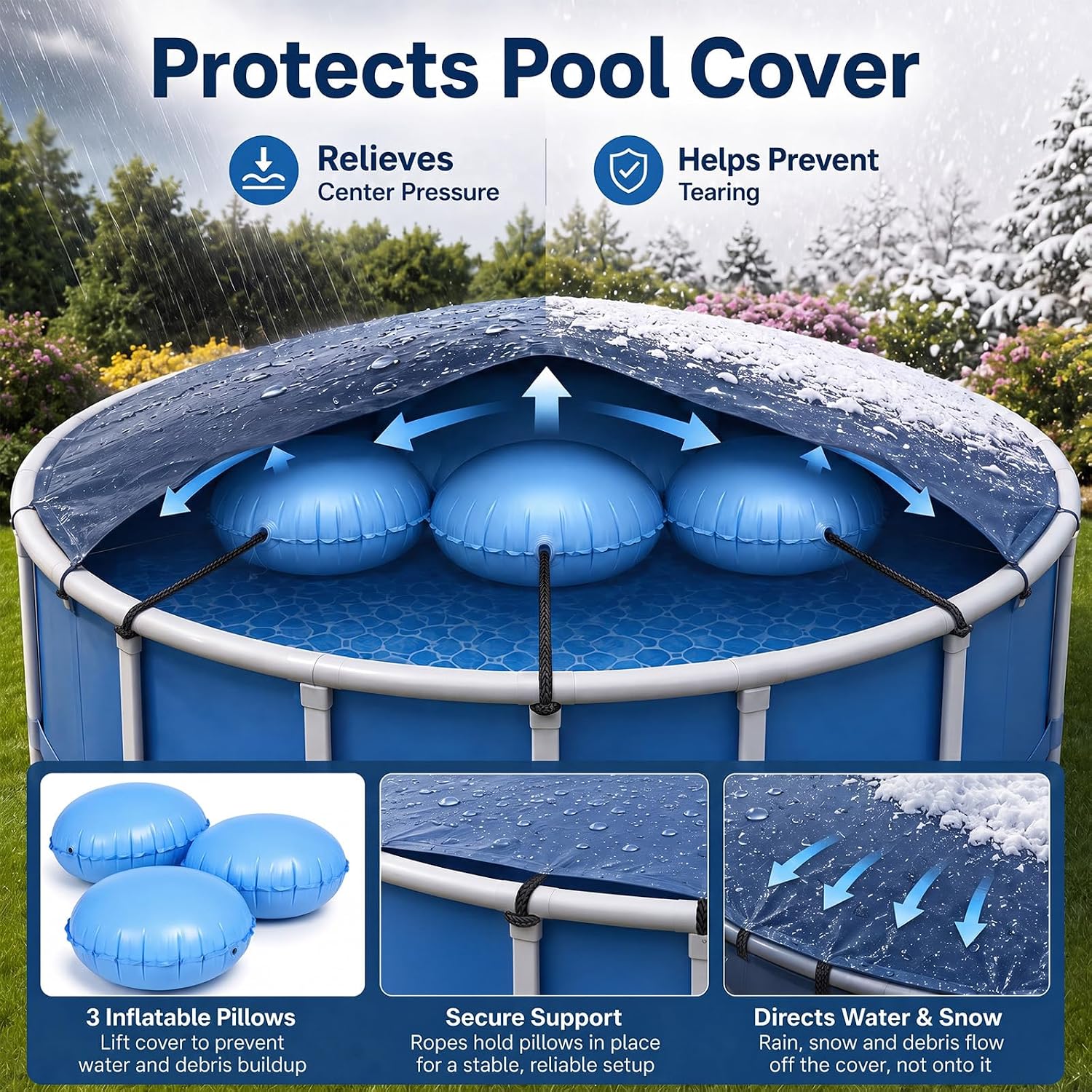 Hungdao 3 Pcs Pool Cover Pillows 4x4 ft for Above Ground Pools with Ropes