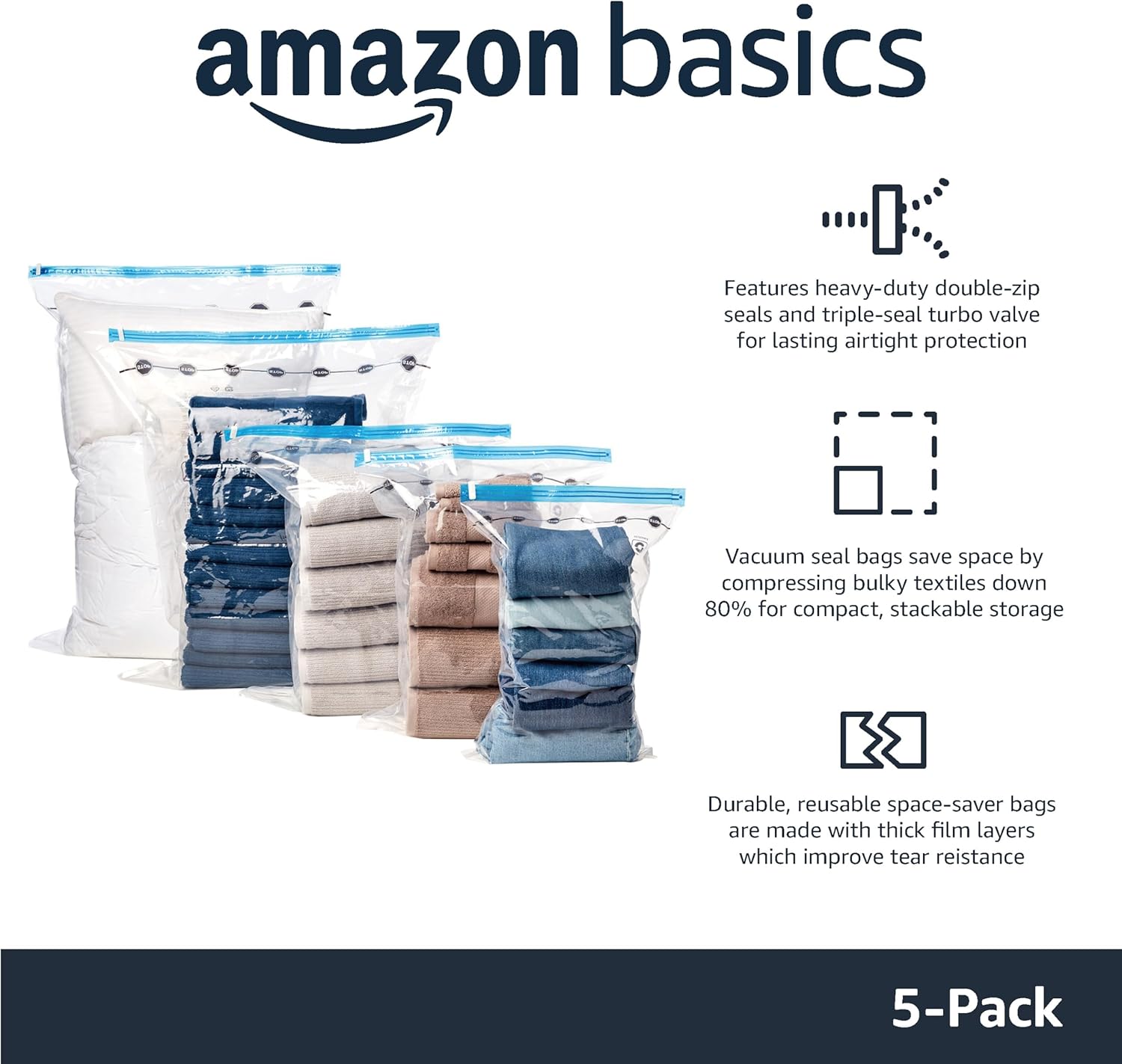 Amazon Basics Vacuum Storage Bags, Compression Space Saving for Clothes and Linens, Reusable with Hand Pump, Large, Clear, 5 Count (Pack of 10)