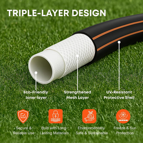 10FT x 5/8'' Flexible Garden Hose, No-Kink Rubber Water Hose, W.P. 200 PSI