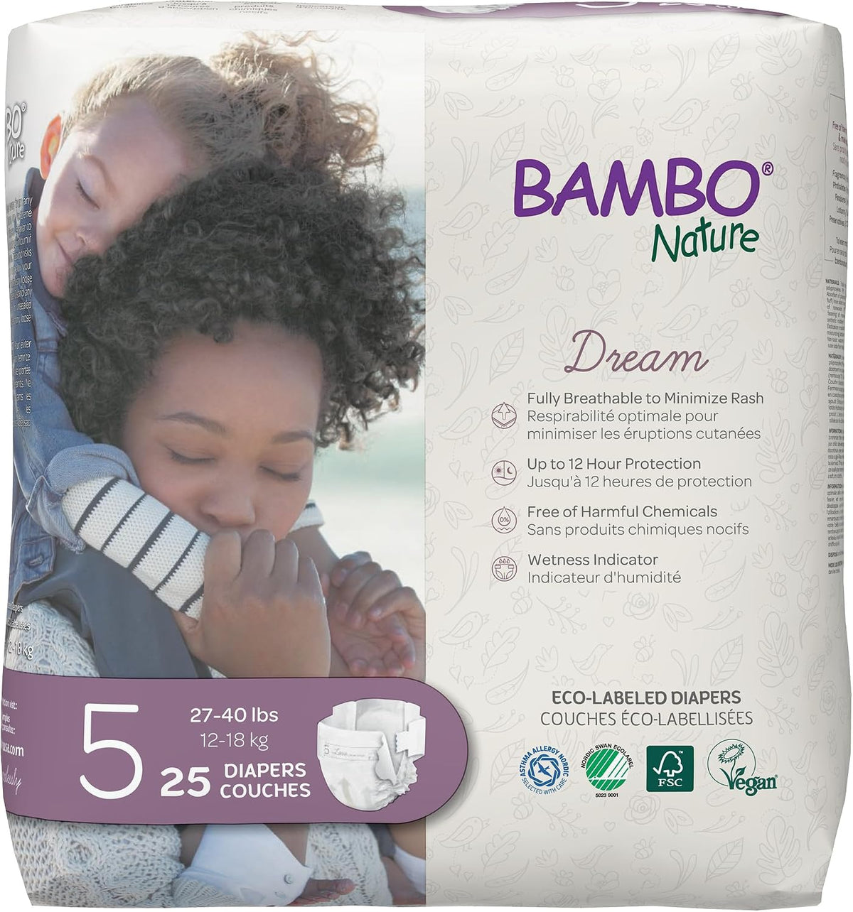Bambo Nature Hypoallergenic Dream Baby Diapers, Eco-Labeled Sustainable Diapers, Enhanced Leakage Protection, Totally Chlorine-Free, Skin Friendly, and Super Absorbent - Size 5 (27-40lbs) - 25 Count