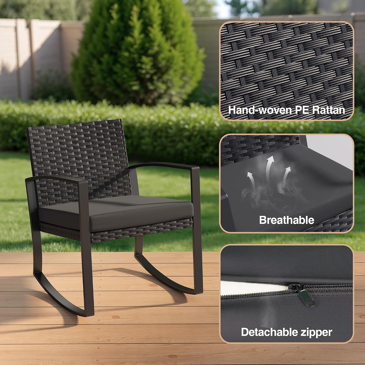Qsun 3 Pieces Patio Furniture Set Rocking Bistro Set, Outdoor Patio Furniture Set with Coffee Table for Garden Balcony Backyard Poolside (Black Cushion)