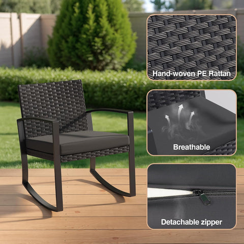 Qsun 3 Pieces Patio Furniture Set Rocking Bistro Set, Outdoor Patio Furniture Set with Coffee Table for Garden Balcony Backyard Poolside (Black Cushion)