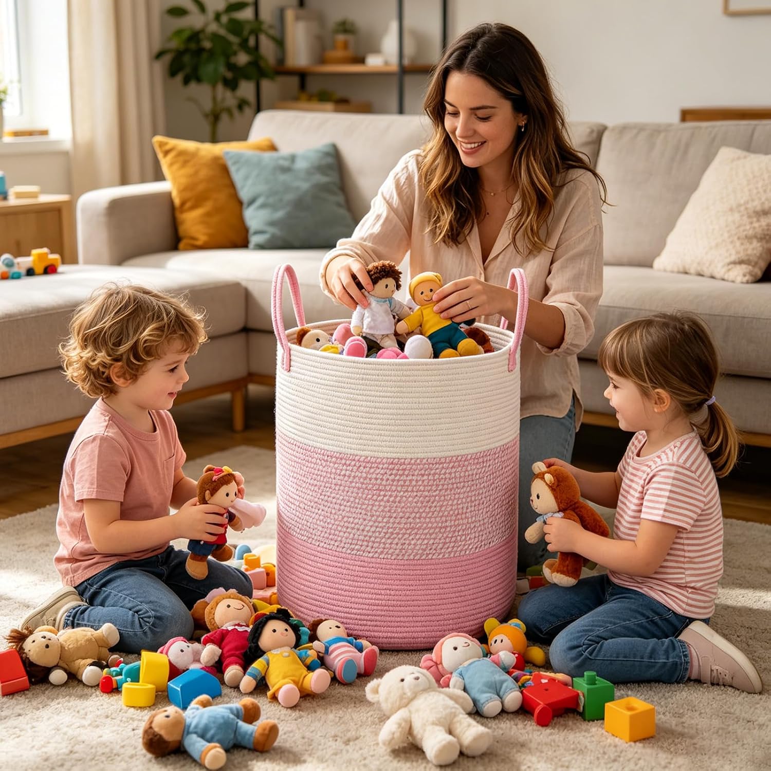 Large Laundry Basket, Cotton Rope Nursery Hamper with Handles-Pink