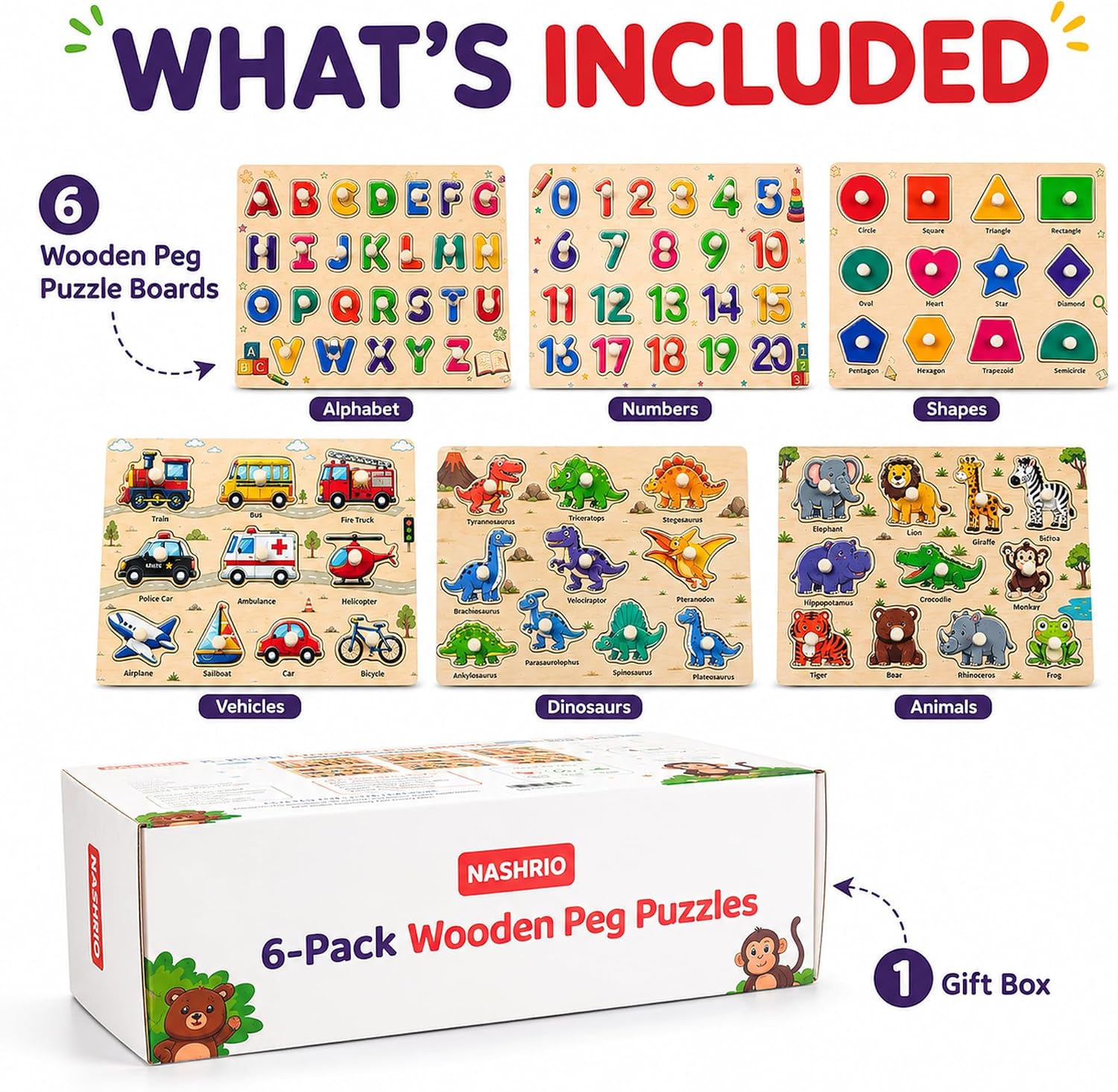 Wooden Peg Puzzles for Kids Ages 3-5, 6 Pack Large ABC Alphabet Number Shape Animal Dinosaur Vehicle Puzzle Set, Preschool Learning Toys, Montessori Educational Gifts for 3 4 5 Boys Girls
