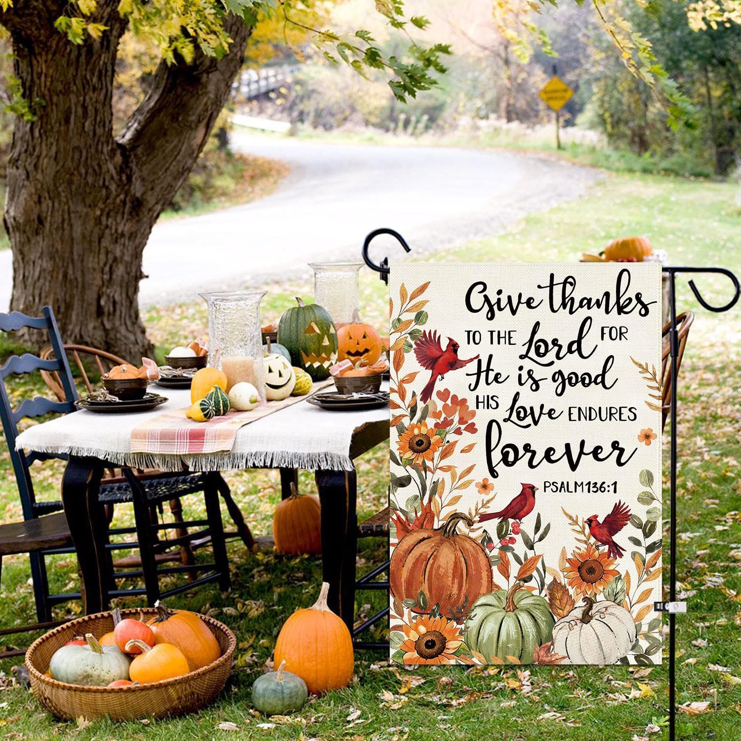 Baccessor Fall Pumpkin Garden Flag Double Sided 12.5x18 Inch, Autumn Thanksgiving Cardinal Give Thanks to The Lord Flag Seasonal Farmhouse Holiday Yard Outdoor Outside Decoration