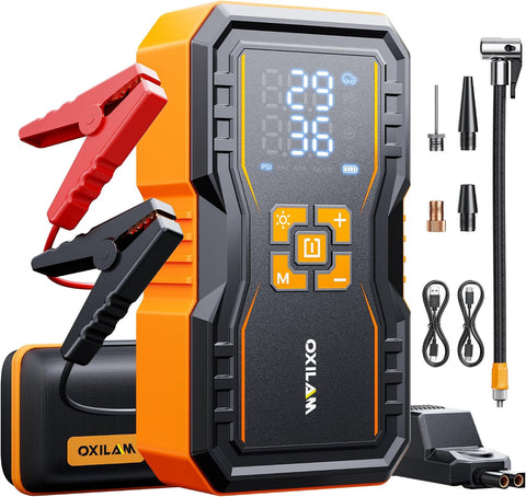 OXILAM 7000A Jump Starter with Air Compressor 160 PSI for All Gas/12L Diesel, 12V Battery Jumper Starter Portable with Auto-Shutoff Tire Inflator, Jumper Cables, LED Display, LED Light, Power Bank