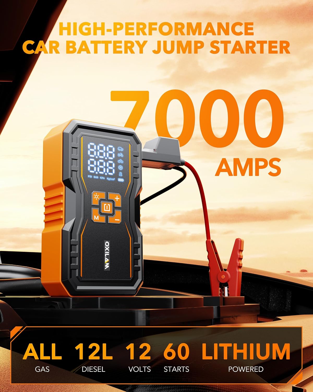OXILAM 7000A Jump Starter with Air Compressor 160 PSI for All Gas/12L Diesel, 12V Battery Jumper Starter Portable with Auto-Shutoff Tire Inflator, Jumper Cables, LED Display, LED Light, Power Bank