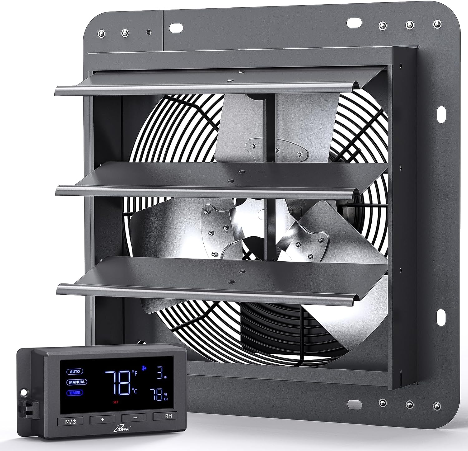 iLIVING 12" Wall Mounted Shutter Exhaust Fan, Automatic Shutter, Temperature and Humidity Controls with Variable Speed, 960 CFM at 1600 RPM DC Motor