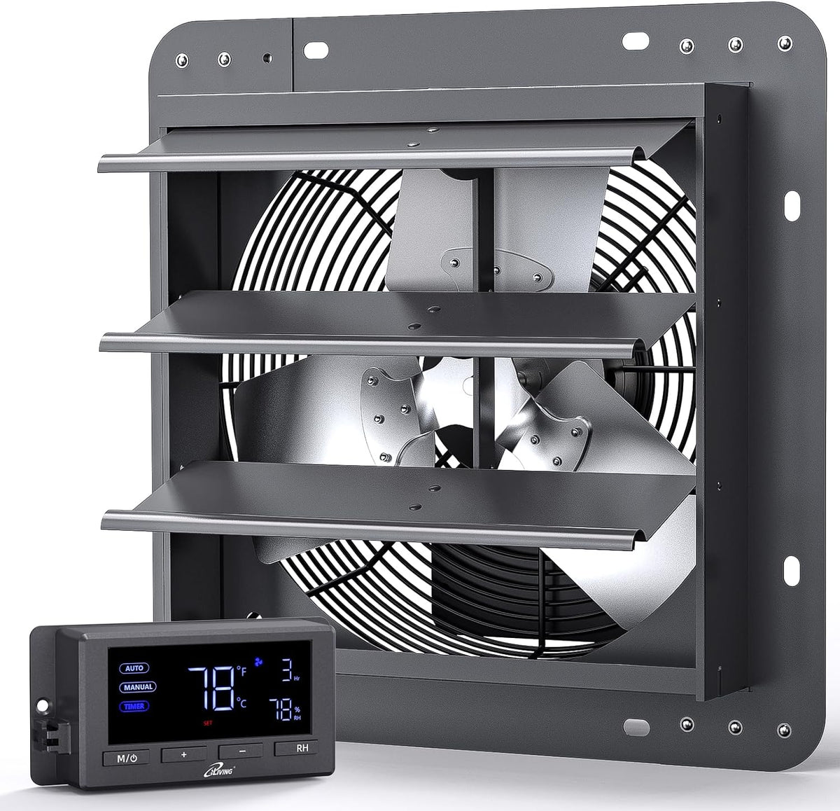 iLIVING 12" Wall Mounted Shutter Exhaust Fan, Automatic Shutter, Temperature and Humidity Controls with Variable Speed, 960 CFM at 1600 RPM DC Motor