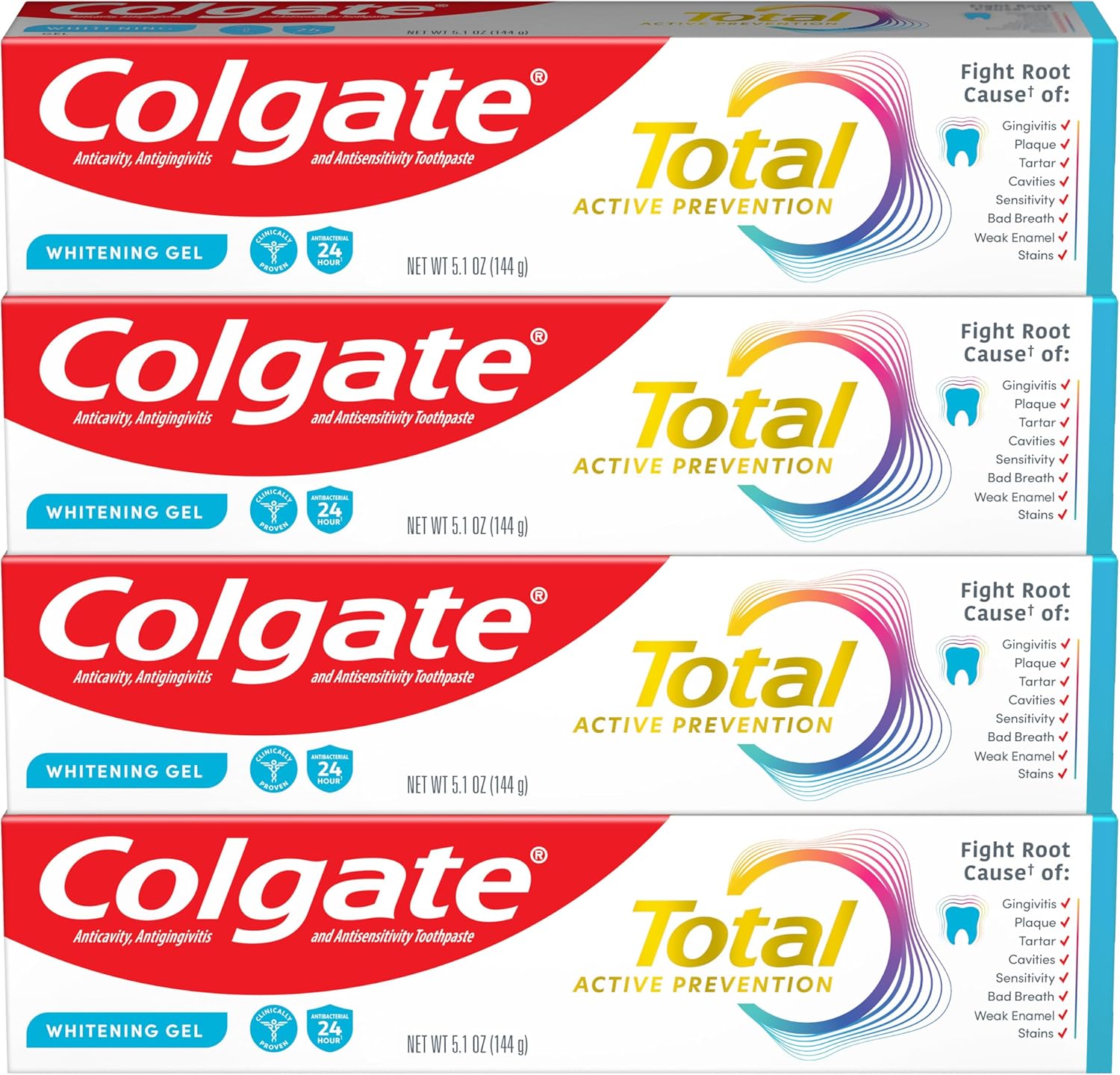 Colgate Total Whitening Toothpaste Gel with Fluoride, Bulk 4 Pack, 5.1 oz