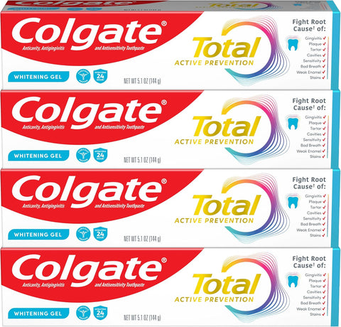 Colgate Total Whitening Toothpaste Gel with Fluoride, Bulk 4 Pack, 5.1 oz