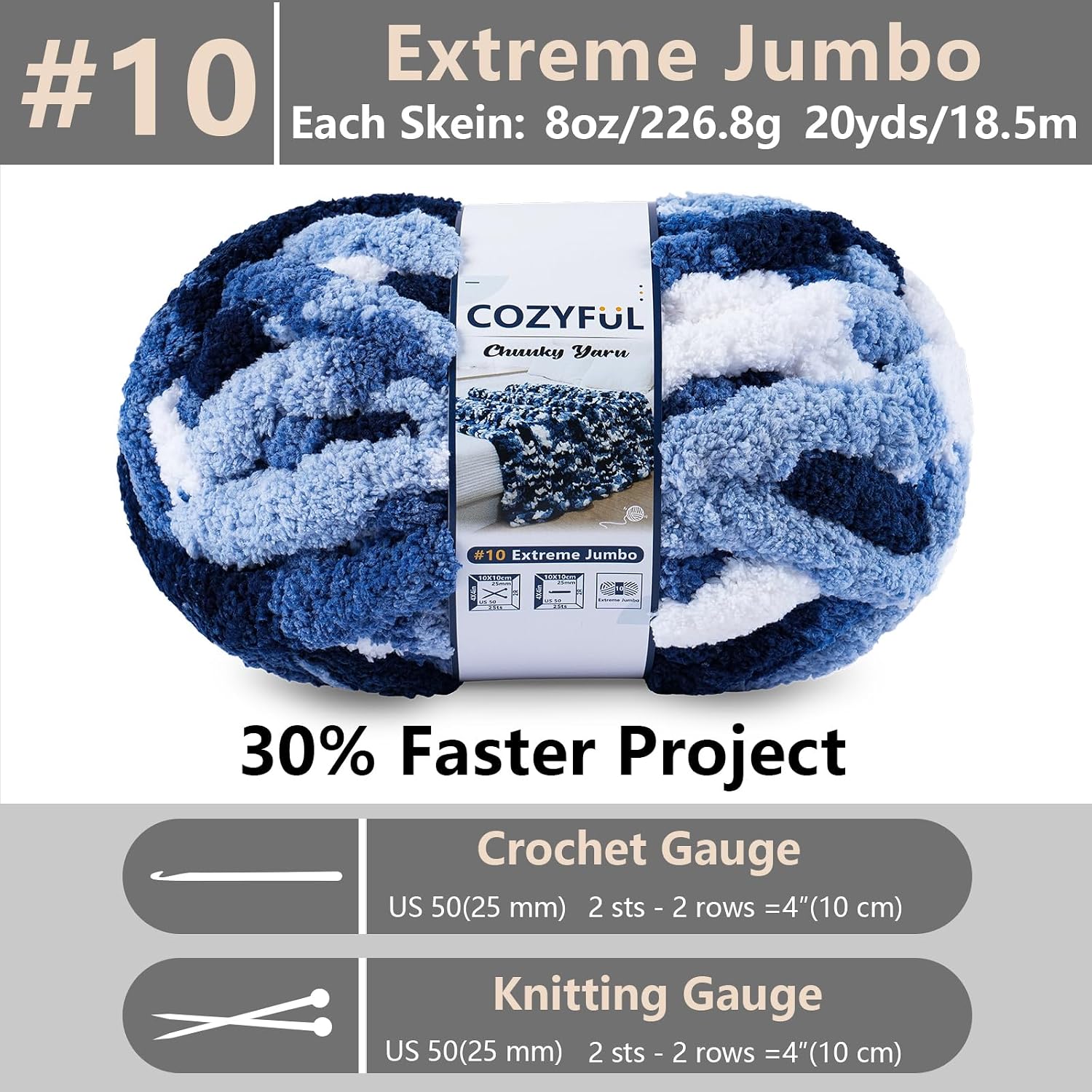 Cozyful Chunky Yarn for Hand Knitting - #10 Chunky Chenille Blanket Yarn, Jumbo Big Thick Chunky Yarns for Crocheting, Tie Dye Bulky Knit Yarns, 8 Skein (20 yds 8 oz Each Skein), Multi Blue & White