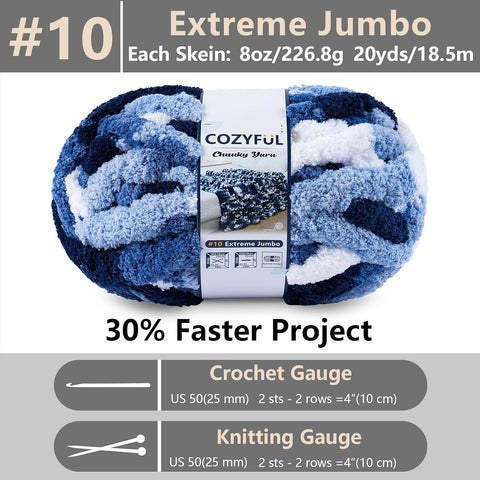 Cozyful Chunky Yarn for Hand Knitting - #10 Chunky Chenille Blanket Yarn, Jumbo Big Thick Chunky Yarns for Crocheting, Tie Dye Bulky Knit Yarns, 8 Skein (20 yds 8 oz Each Skein), Multi Blue & White