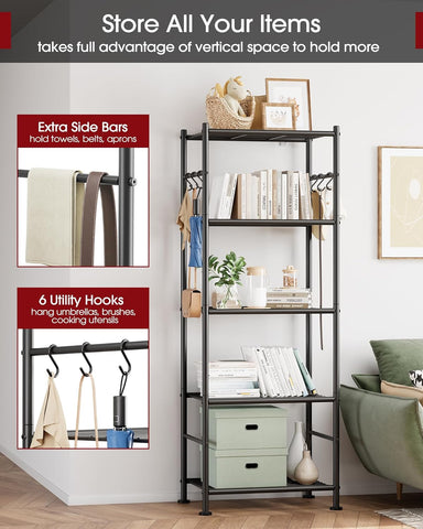 Sakugi 5-Tier Storage Rack Organizer with Hooks, Heavy Duty Metal Garage Rack with Leveling Feet, Freestanding Utility Rack for Bedroom, Balcony and Garage, 18.1"×12.4"×56.8", Black