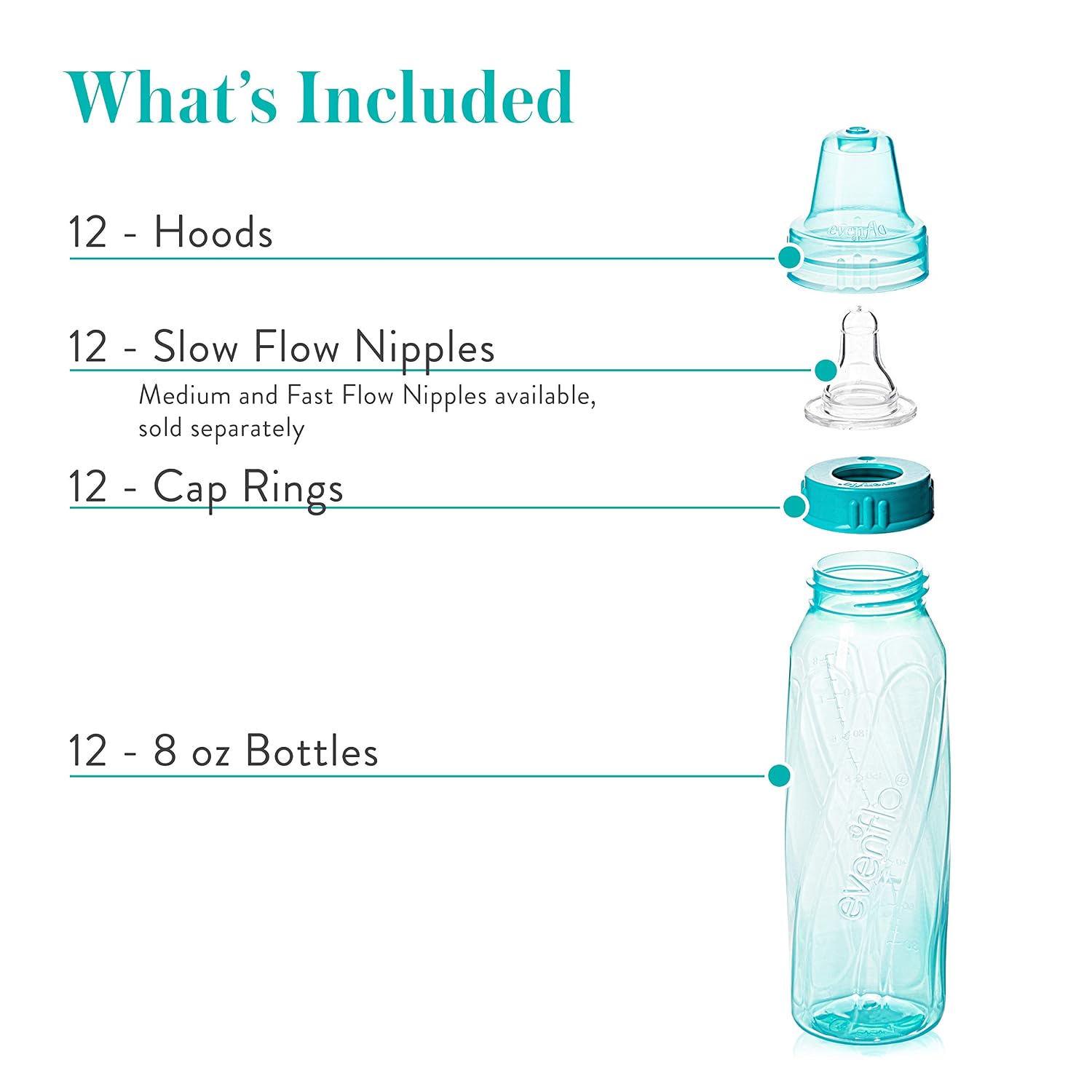 Evenflo Feeding Classic Tinted Plastic Standard Neck Bottles for Baby, Infant and Newborn, Pink/Lavender/Teal, 8 Oz, 12 Bottles