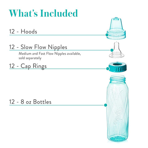 Evenflo Feeding Classic Tinted Plastic Standard Neck Bottles for Baby, Infant and Newborn, Pink/Lavender/Teal, 8 Oz, 12 Bottles