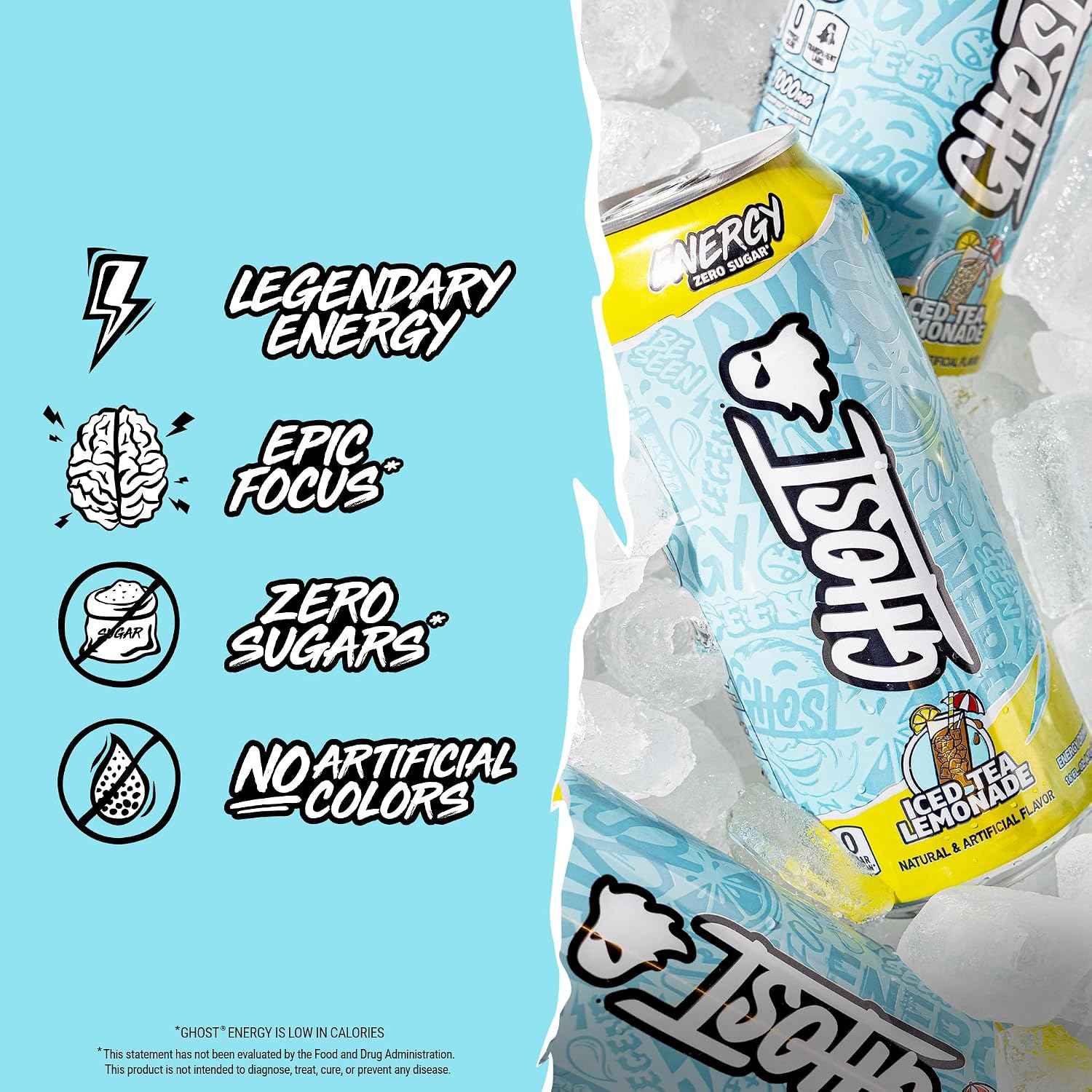 GHOST Energy Drink, Zero Sugars, 12-Pack, Iced Tea Lemonade, 16oz