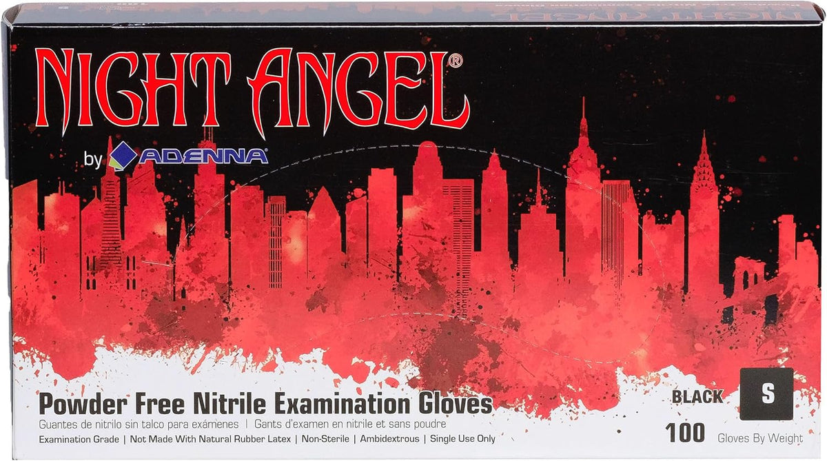 Adenna Night Angel Nitrile Gloves, 4 Mil Powder Free, Latex-Free, Textured Grip for Tattoo & Medical, Black