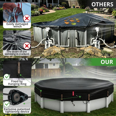 QH.HOME 28 Ft Heavy Duty Winter Pool Cover for 27/28 Ft Steel Wall Pool, 4 ft Overlap (32 ft Cover Size) [Excellent Windproof ] Fast Tightening Ratchet & Counterweight Ring,Cold and UV Resistant