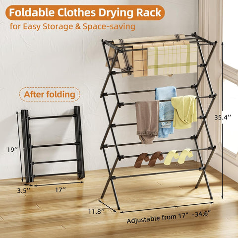 Drying Rack Clothing, 3-Tier Clothes Drying Rack Foldable, Antirust Laundry Drying Rack Collapsible Use for Indoor & Outdoor, 11.8" D x 34.6" W x 35.4" H, Black