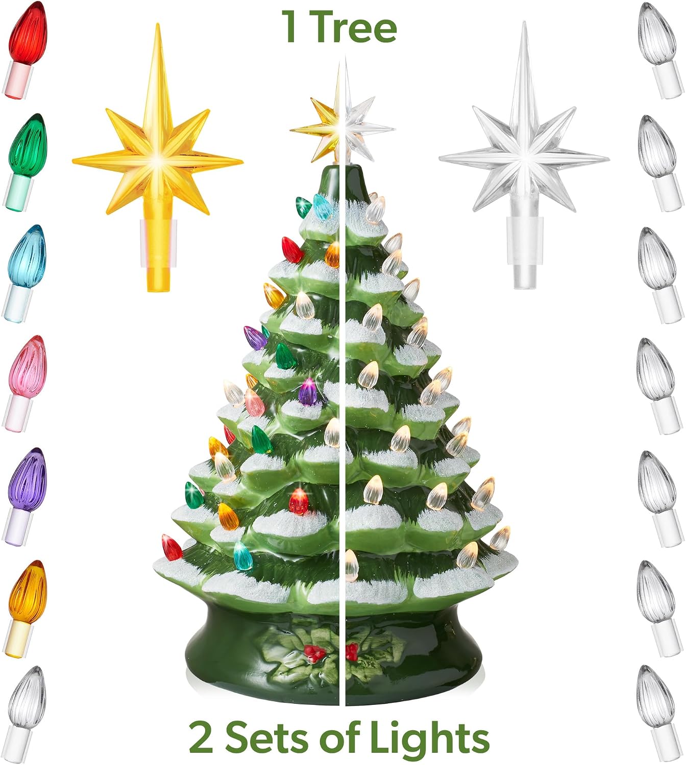Casafield Hand Painted Ceramic Christmas Tree, Green Snow Flocked 15-Inch Pre-Lit Tree with 128 Multi-Color Lights and 2 Star Toppers